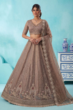 Brown Heavy Embroidered Silk Lehenga (ACB2304)