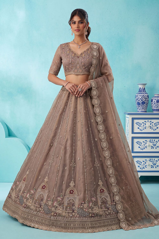 Brown Heavy Embroidered Silk Lehenga (ACB2304)