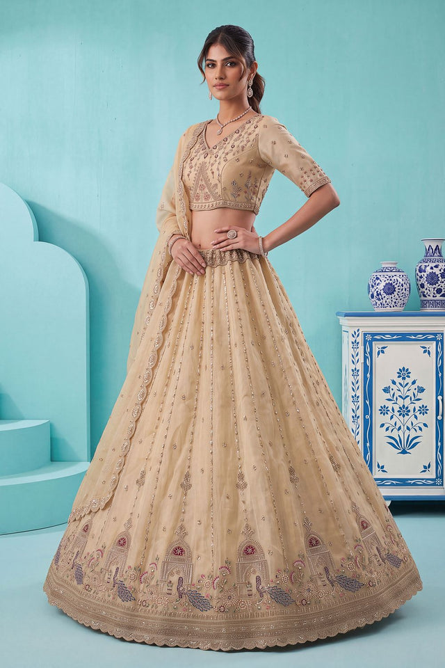 Off White Heavy Embroidered Silk Lehenga (ACB2305)
