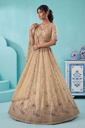 Off White Heavy Embroidered Silk Lehenga (ACB2305)