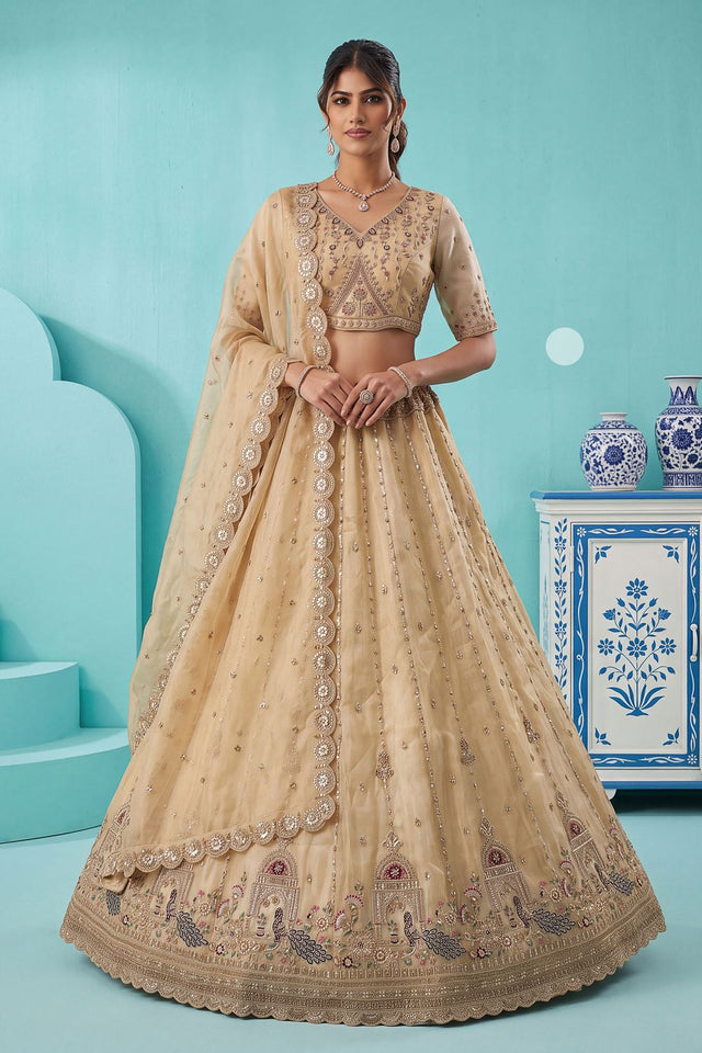 Off White Heavy Embroidered Silk Lehenga (ACB2305)