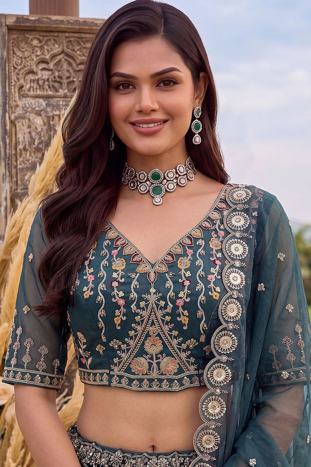 Blue Heavy Embroidered Silk Lehenga (ACB2308)