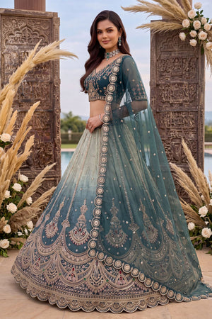 Blue Heavy Embroidered Silk Lehenga (ACB2308)
