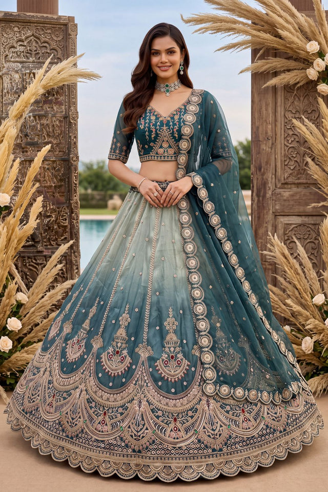 Blue Heavy Embroidered Silk Lehenga (ACB2308)