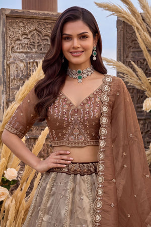 Copper Heavy Embroidered Silk Lehenga (ACB2310)