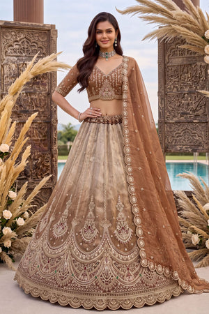 Copper Heavy Embroidered Silk Lehenga (ACB2310)