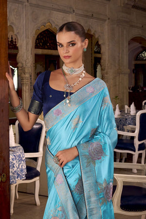 Light Blue Jacquard Woven Satin Silk Saree (ACB2312)