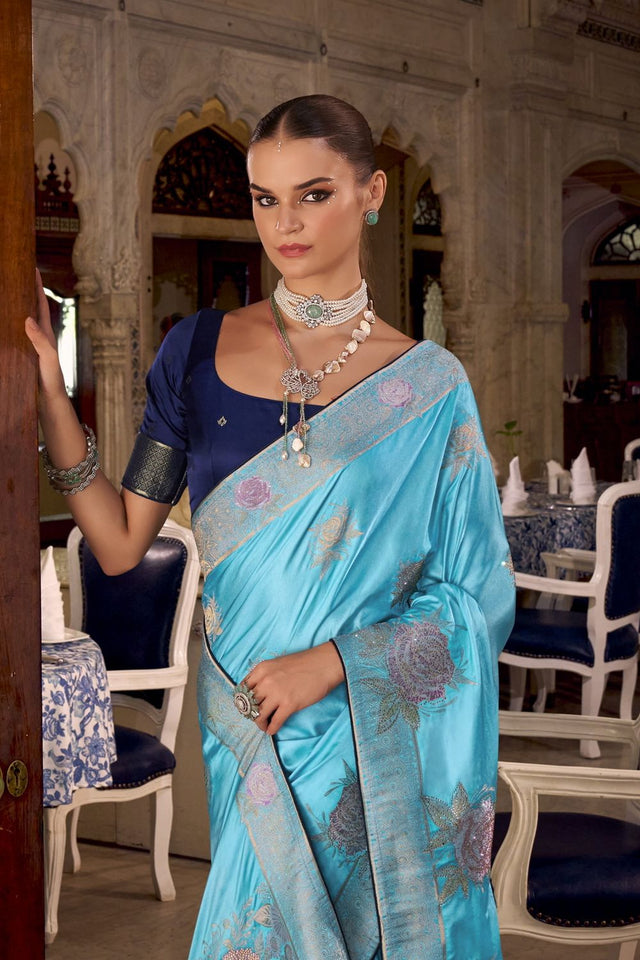 Light Blue Jacquard Woven Satin Silk Saree (ACB2312)