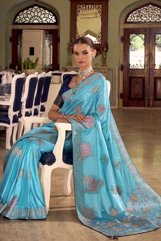 Light Blue Jacquard Woven Satin Silk Saree (ACB2312)