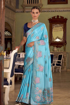 Light Blue Jacquard Woven Satin Silk Saree (ACB2312)