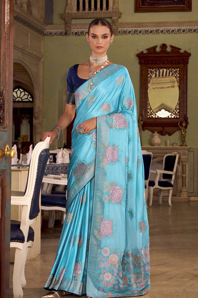 Light Blue Jacquard Woven Satin Silk Saree (ACB2312)