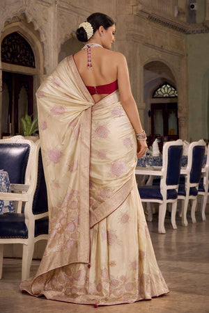 Cream Jacquard Woven Satin Silk Saree (ACB2313)