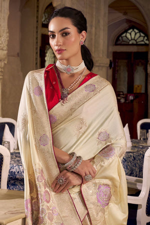 Cream Jacquard Woven Satin Silk Saree (ACB2313)