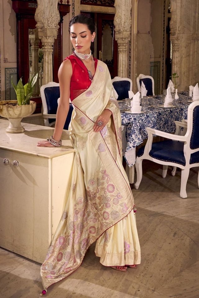 Cream Jacquard Woven Satin Silk Saree (ACB2313)