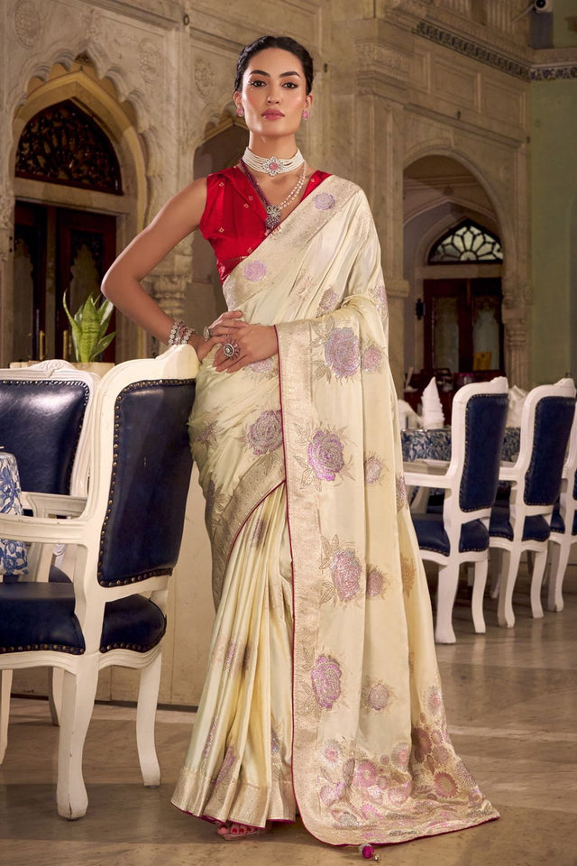 Cream Jacquard Woven Satin Silk Saree (ACB2313)