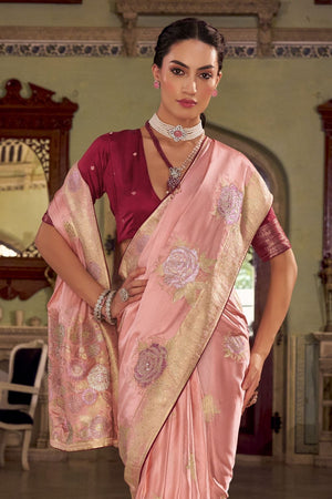 Peach Jacquard Woven Satin Silk Saree (ACB2315)