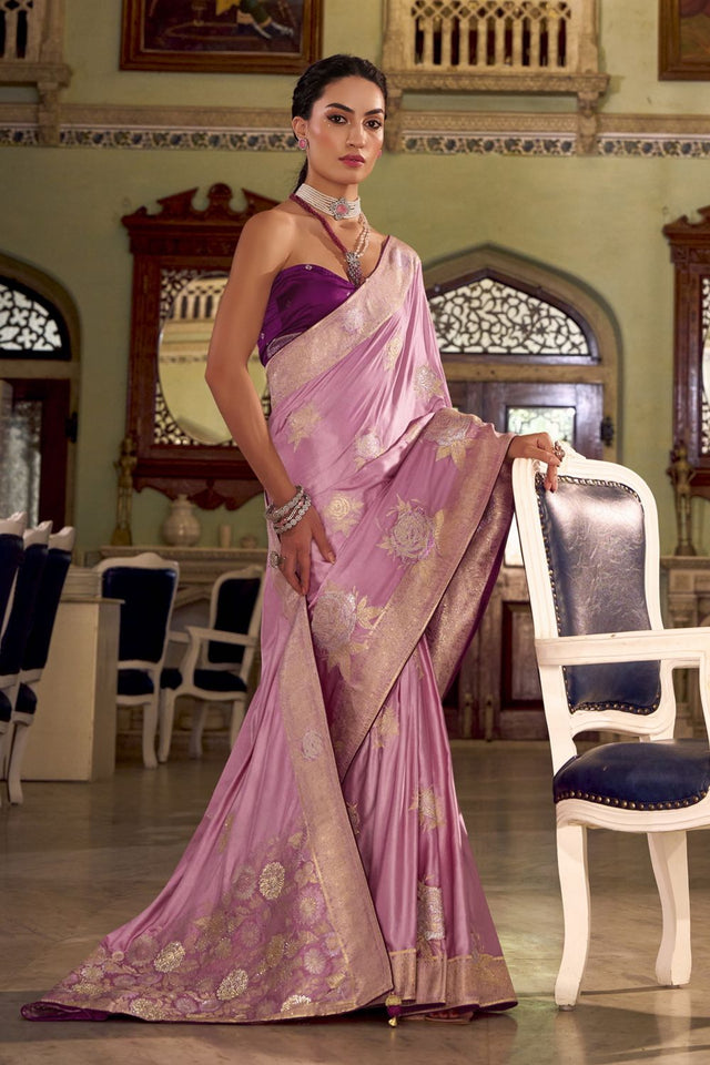 Pink Jacquard Woven Satin Silk Saree (ACB2316)