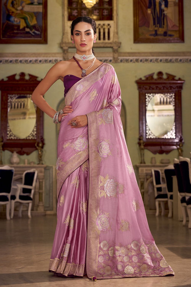 Pink Jacquard Woven Satin Silk Saree (ACB2316)
