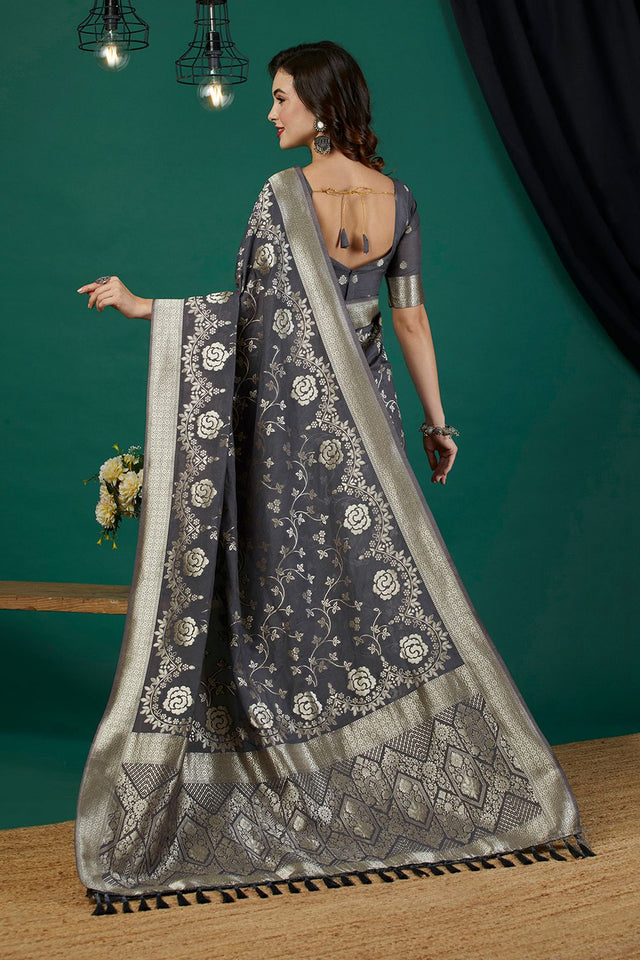 Grey Zari Woven Crepe Saree (ACB2318)