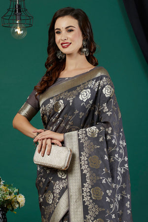 Grey Zari Woven Crepe Saree (ACB2318)