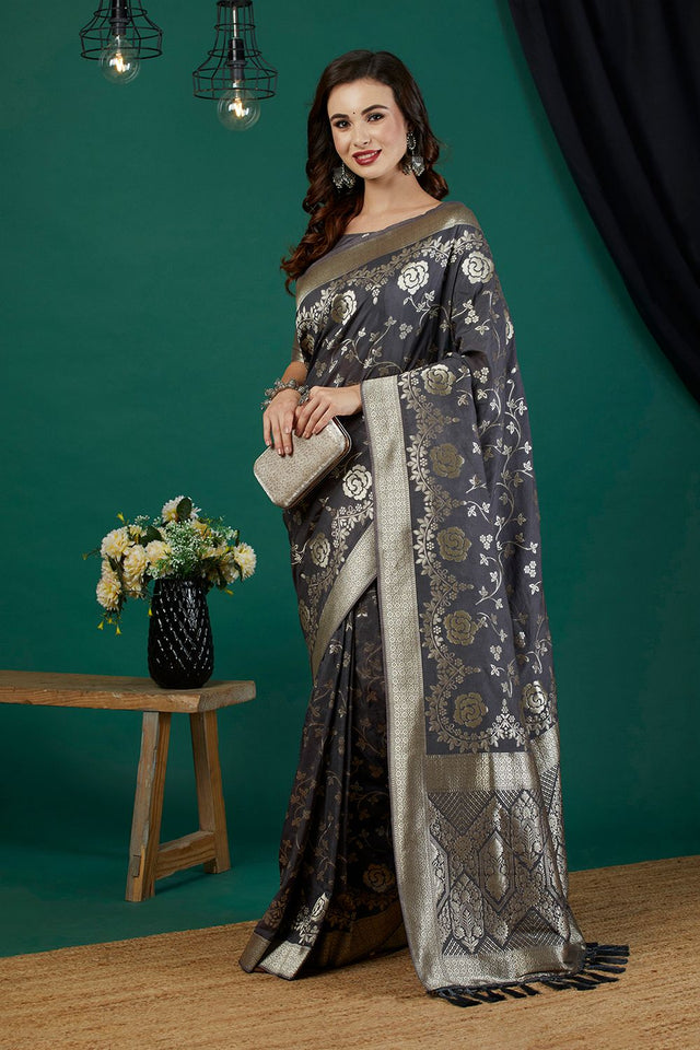 Grey Zari Woven Crepe Saree (ACB2318)