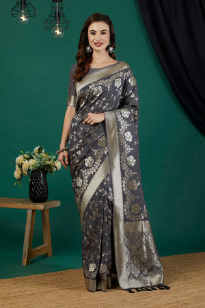 Grey Zari Woven Crepe Saree (ACB2318)