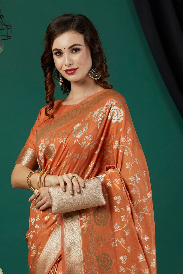 Rust Zari Woven Crepe Saree (ACB2319)