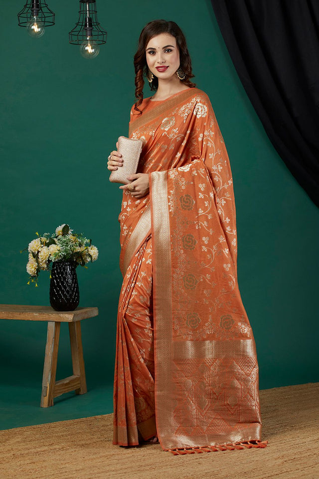 Rust Zari Woven Crepe Saree (ACB2319)