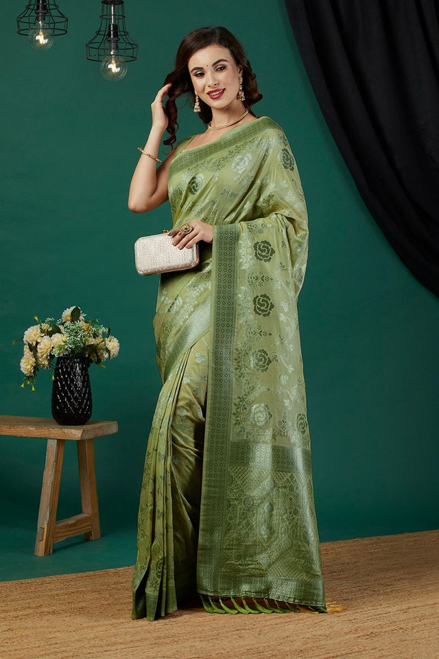 Green Zari Woven Crepe Saree (ACB2321)