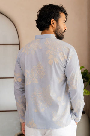 Mens Blue Floral Printed Linen Short Kurta (ACB2324)