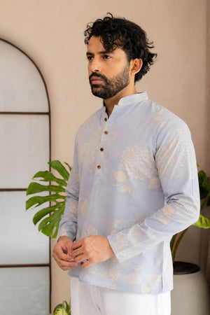 Mens Blue Floral Printed Linen Short Kurta (ACB2324)