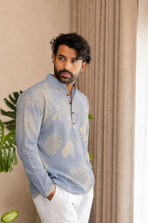 Mens Blue Floral Printed Linen Short Kurta (ACB2324)