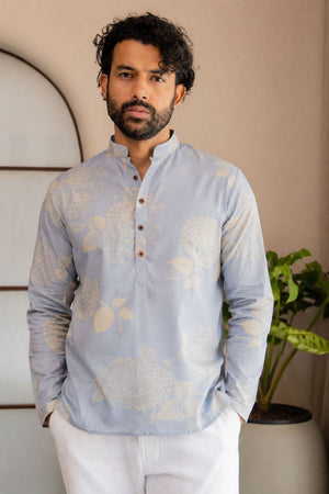 Mens Blue Floral Printed Linen Short Kurta (ACB2324)
