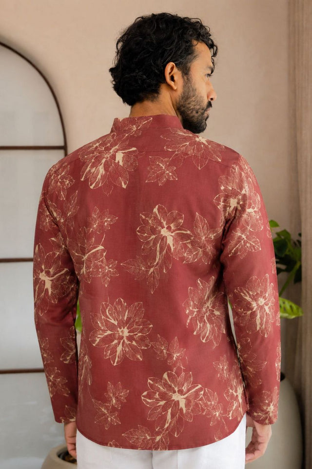 Mens Pink Floral Printed Linen Short Kurta (ACB2325)