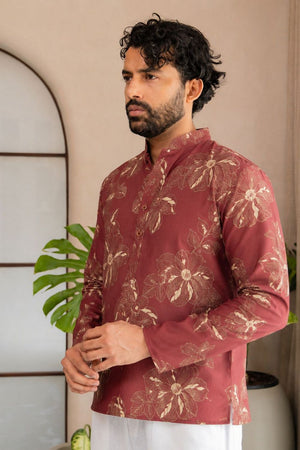 Mens Pink Floral Printed Linen Short Kurta (ACB2325)