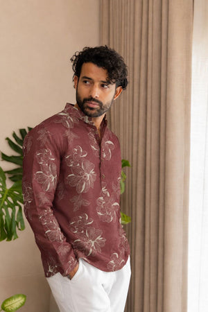 Mens Pink Floral Printed Linen Short Kurta (ACB2325)