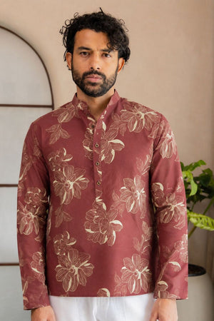 Mens Pink Floral Printed Linen Short Kurta (ACB2325)