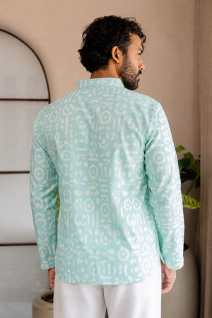 Mens Green Printed Linen Short Kurta (ACB2326)