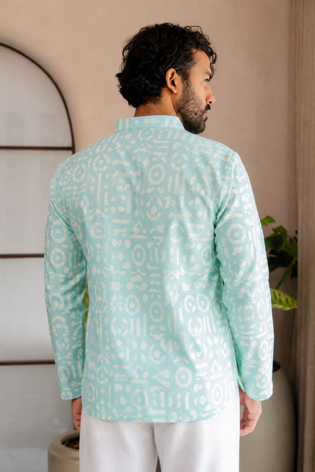 Mens Green Printed Linen Short Kurta (ACB2326)
