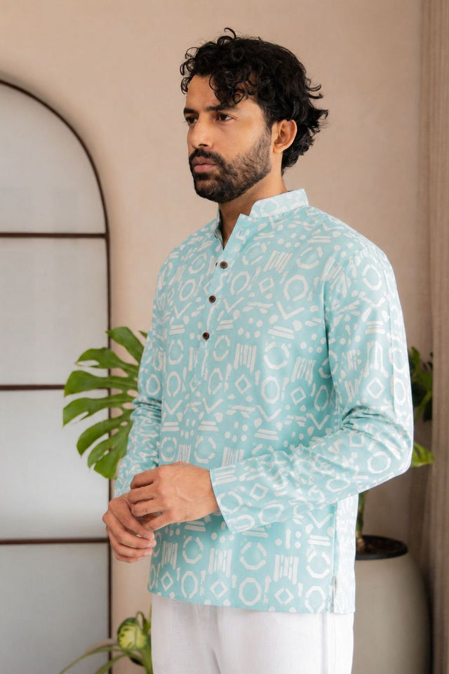 Mens Green Printed Linen Short Kurta (ACB2326)