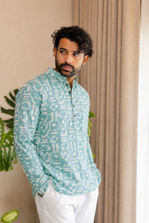 Mens Green Printed Linen Short Kurta (ACB2326)