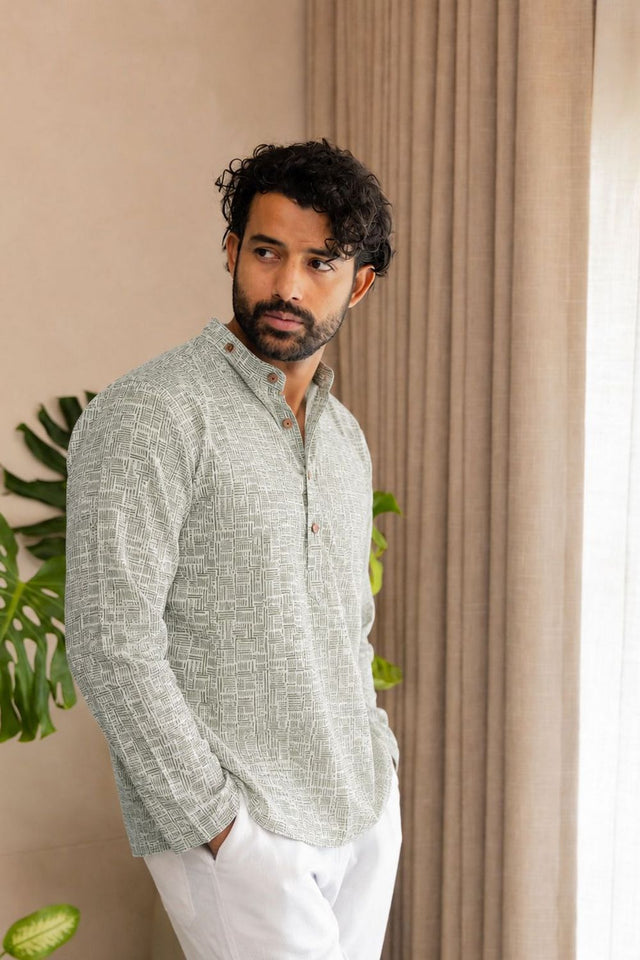 Mens Grey Printed Linen Short Kurta (ACB2327)