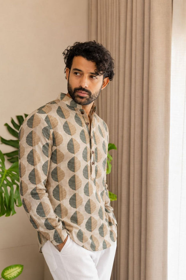 Mens Multi Color Printed Linen Short Kurta (ACB2328)
