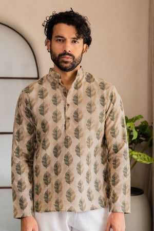 Mens Multi Color Printed Linen Short Kurta (ACB2328)