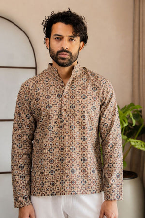 Mens Multi Color Printed Linen Short Kurta (ACB2329)