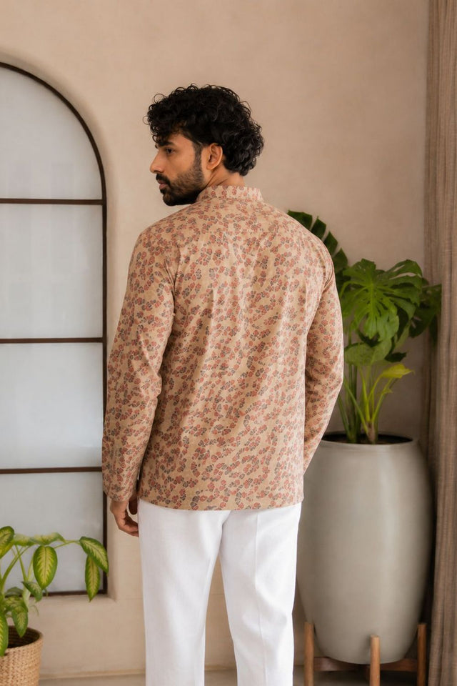 Mens Peach Printed Linen Short Kurta (ACB2330)