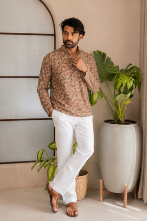 Mens Peach Printed Linen Short Kurta (ACB2330)