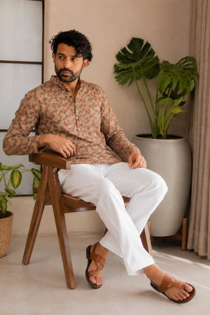 Mens Peach Printed Linen Short Kurta (ACB2330)
