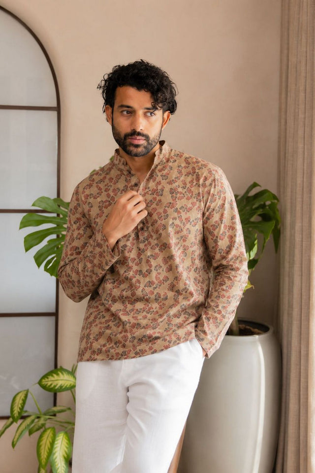 Mens Peach Printed Linen Short Kurta (ACB2330)