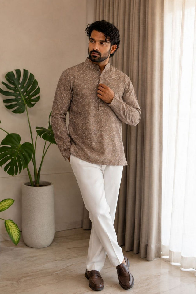 Mens Mauve Printed Linen Short Kurta (ACB2331)